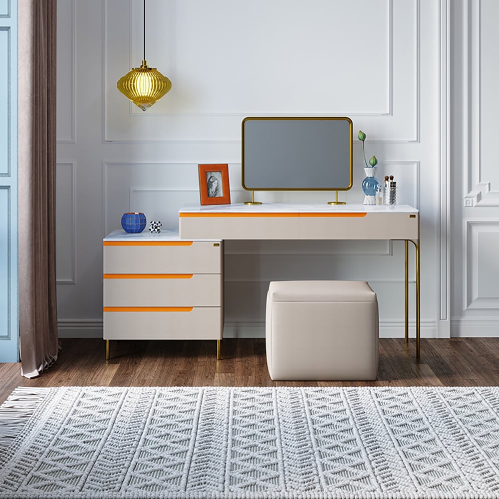 Moderner Schminktisch mit Schrank, Spiegel und Hocker, Hellgrau Schaufensterbilder