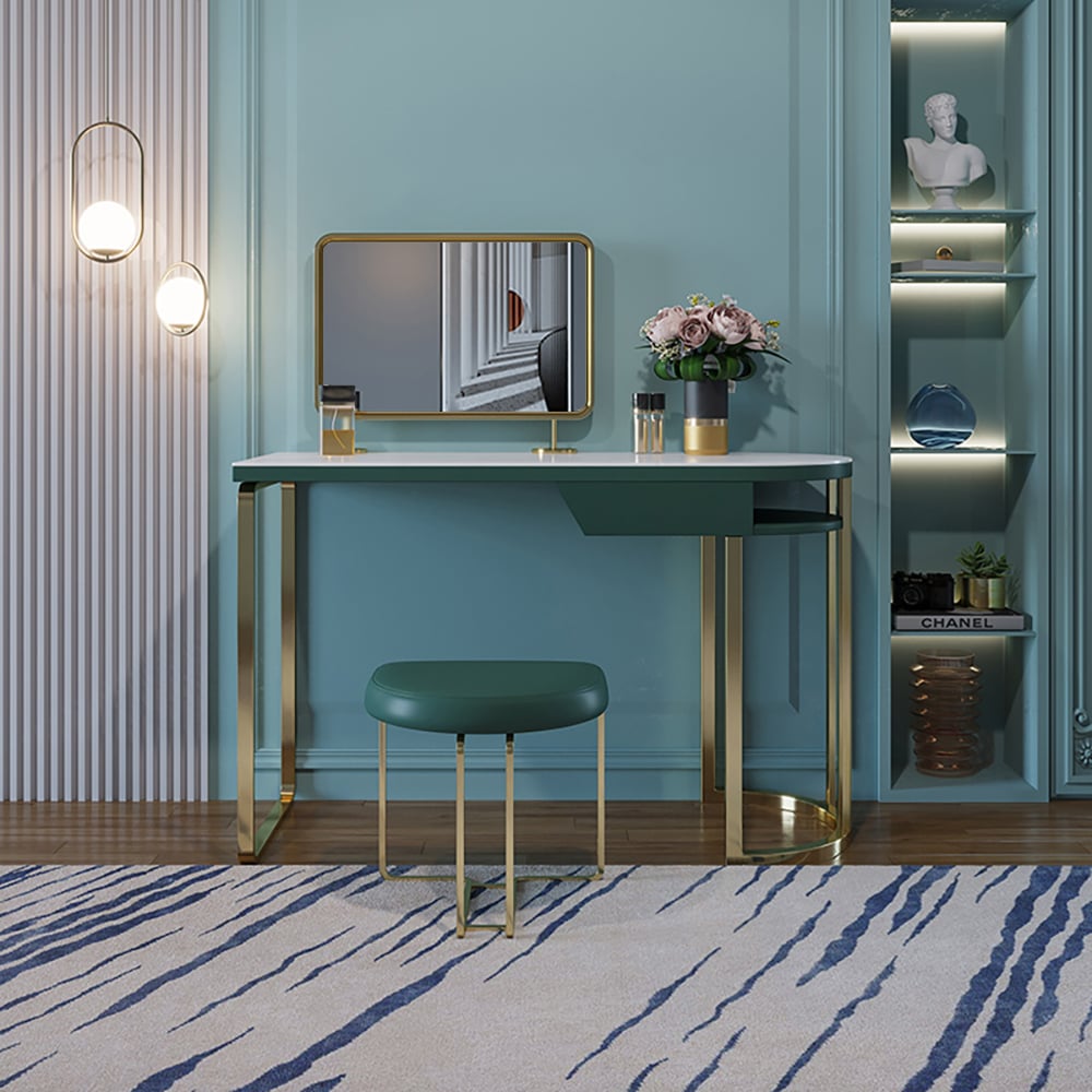 Modern Sintered Stone Top Makeup Vanity with Stool & Mirror in Green window image