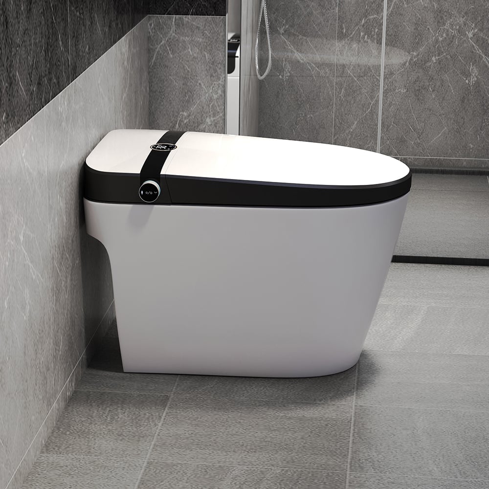 Elongated One-Piece Smart Toilet Floor Mounted Automatic Toilet in Black Rim window image