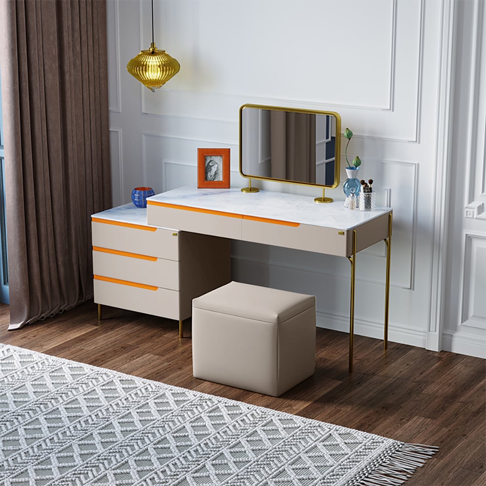 Moderner Schminktisch mit Schrank, Spiegel und Hocker, Hellgrau Schaufensterbilder