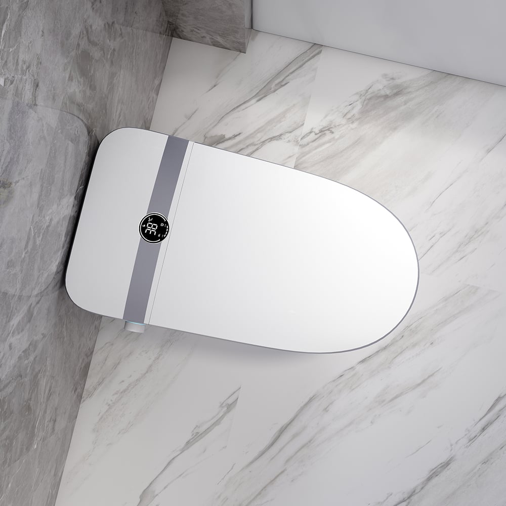 Langwerpig slim toilet uit één stuk, op de vloer gemonteerd automatisch toilet in zilveren rand Vensterafbeelding