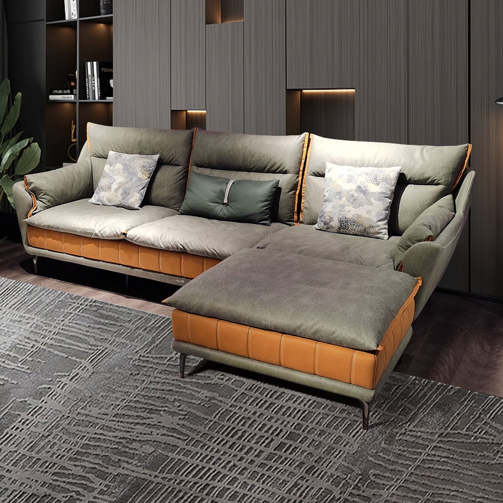 Sofa sectionnel moderne 2 pièces avec tabouret, revêtement en cuir gris image de fenêtre