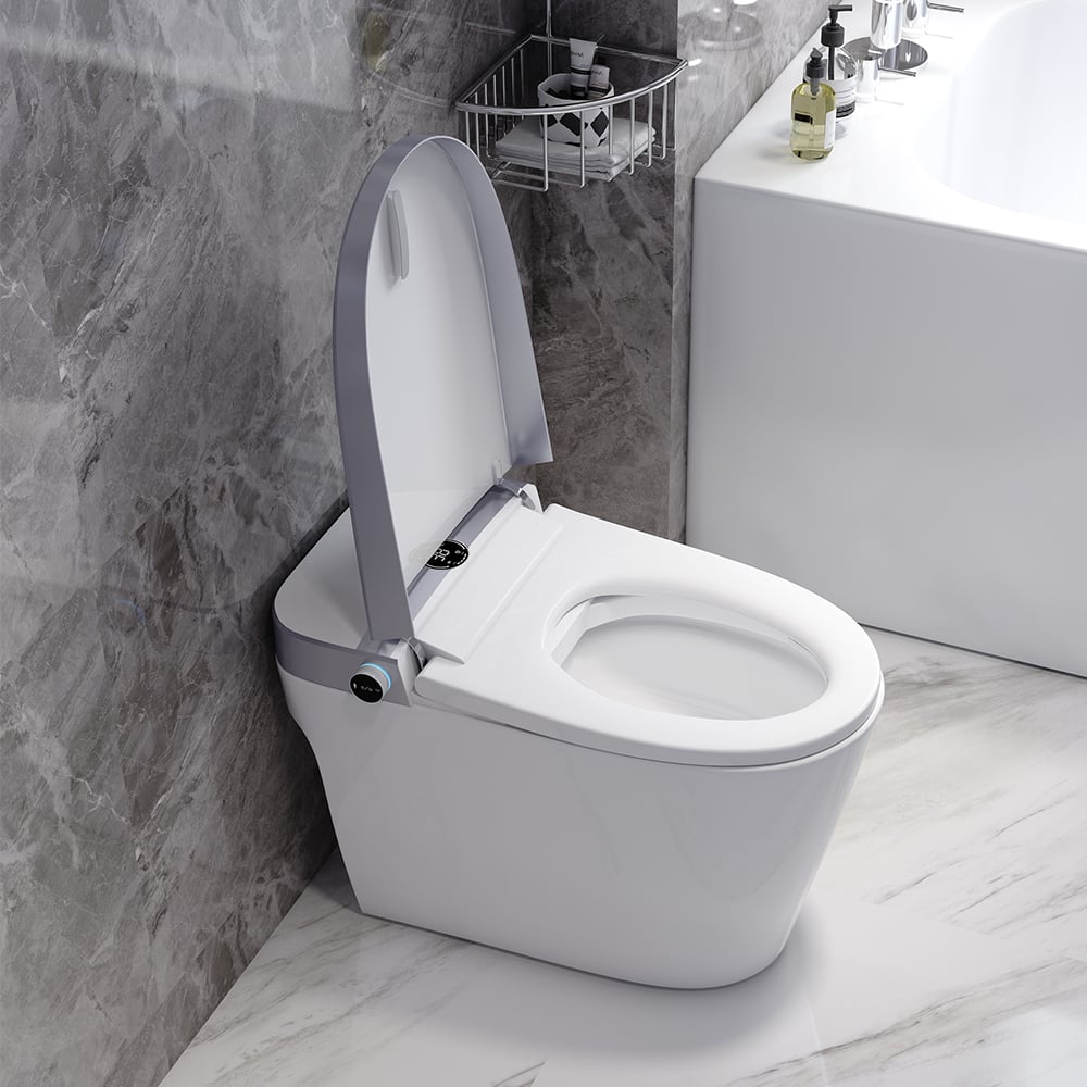 Langwerpig slim toilet uit één stuk, op de vloer gemonteerd automatisch toilet in zilveren rand Vensterafbeelding