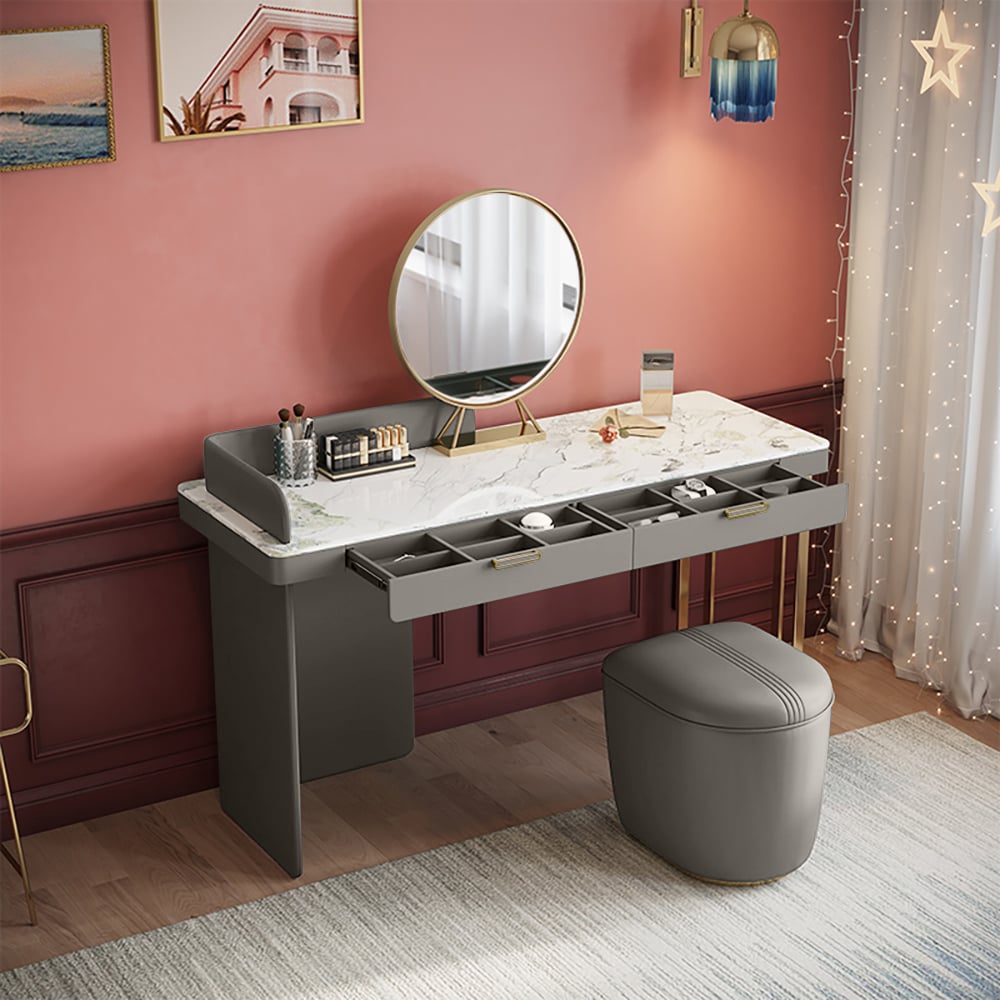 Modern Sintered Stone Top Makeup Vanity with Mirror & Storage in Dark Gray window image