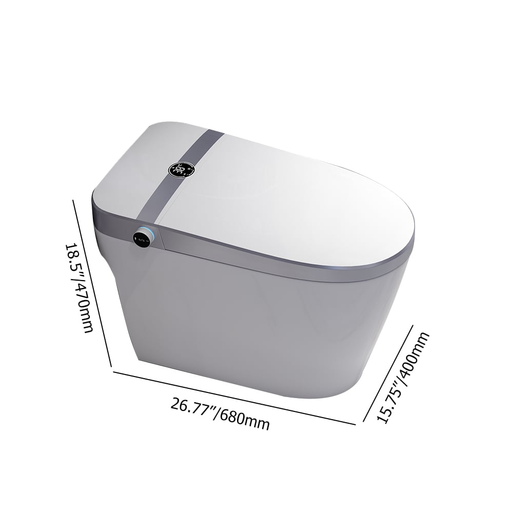 Langwerpig slim toilet uit één stuk, op de vloer gemonteerd automatisch toilet in zilveren rand Afbeelding met gewichten en afmetingen