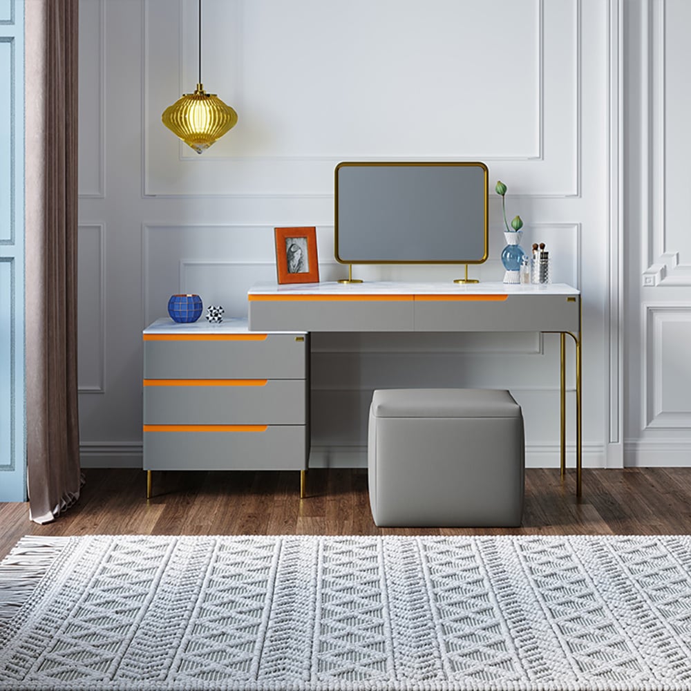 Modern Makeup Vanity with Sintered Stone Top Cabinet & Mirror & Stool in Dark Gray window image