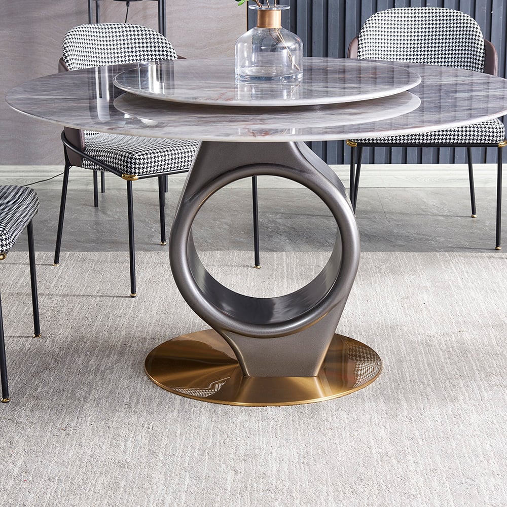 Modern Grey Round Dining Table with Lazy Susan and Faux Marble Tabletop window image