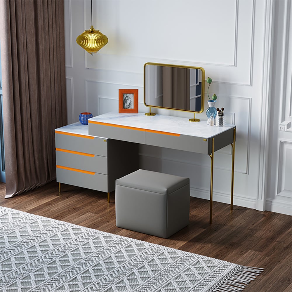 Modern Makeup Vanity with Sintered Stone Top Cabinet & Mirror & Stool in Dark Gray window image