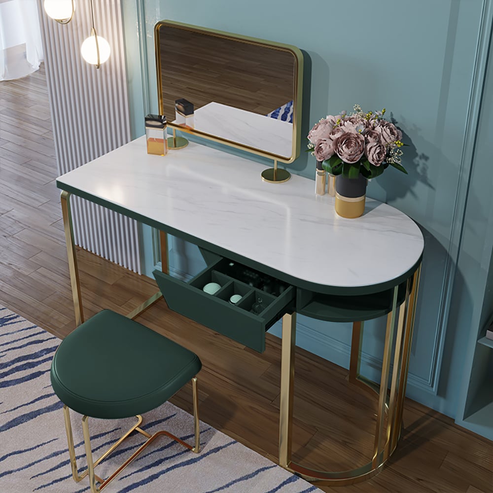 Modern Sintered Stone Top Makeup Vanity with Stool & Mirror in Green window image