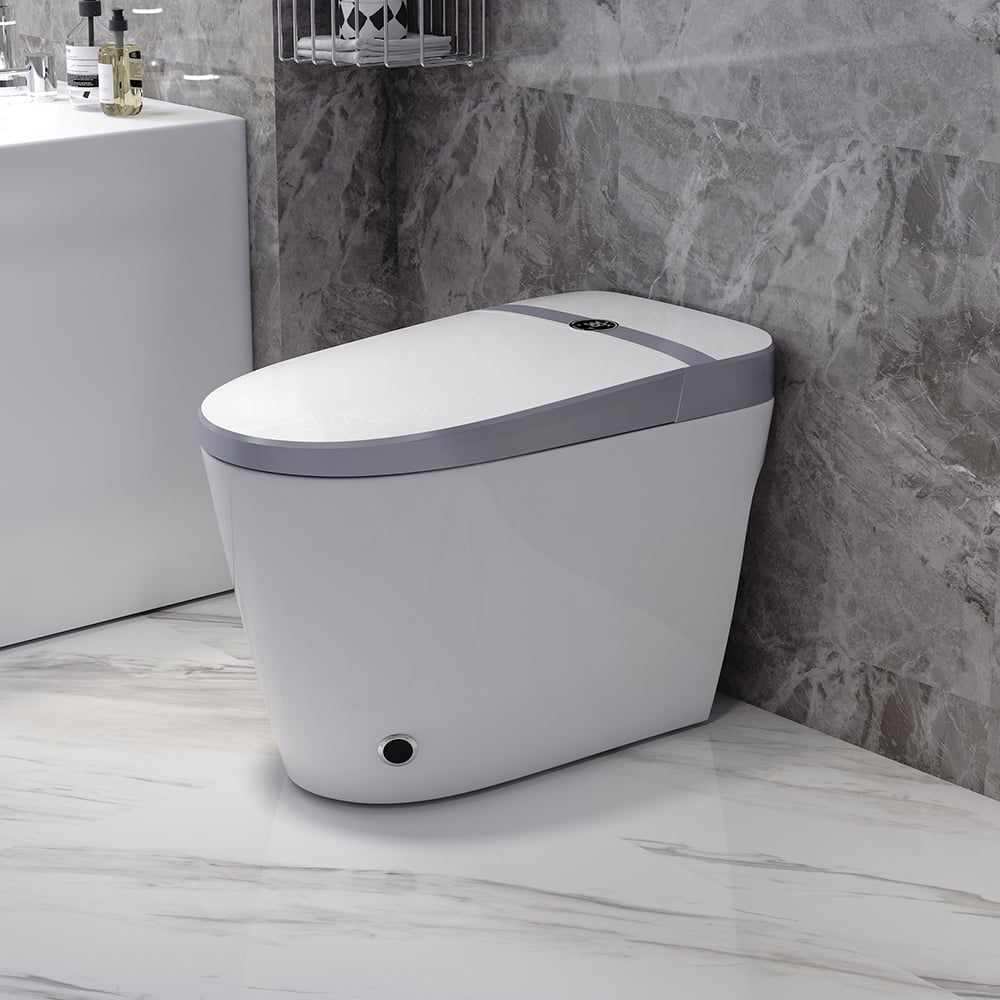 Langwerpig slim toilet uit één stuk, op de vloer gemonteerd automatisch toilet in zilveren rand Vensterafbeelding