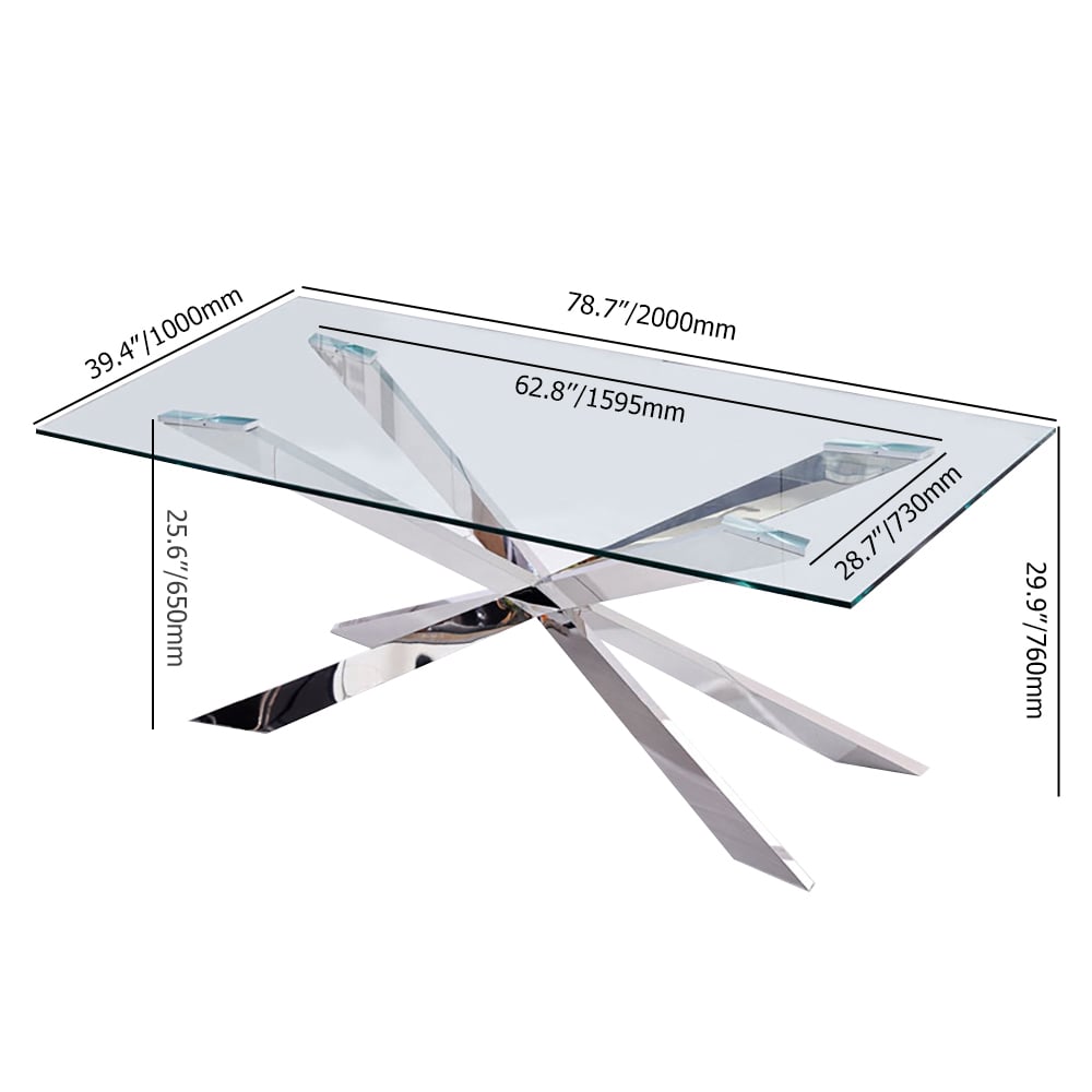 2000 mm minimalistische rechthoekige eettafel van gehard glas Afbeelding met gewichten en afmetingen