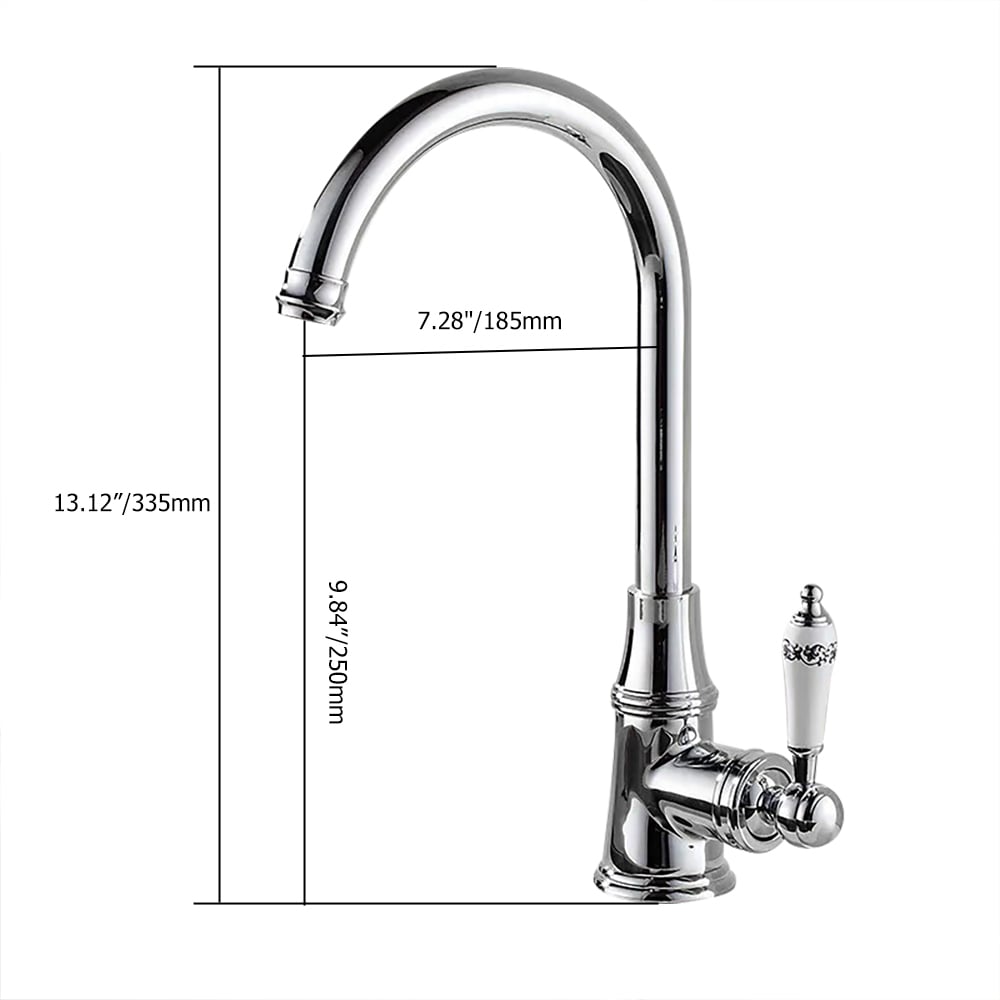 Classic Gooseneck White Single Porcelain Handle Kitchen Faucet in Solid Brass weights dimensions image