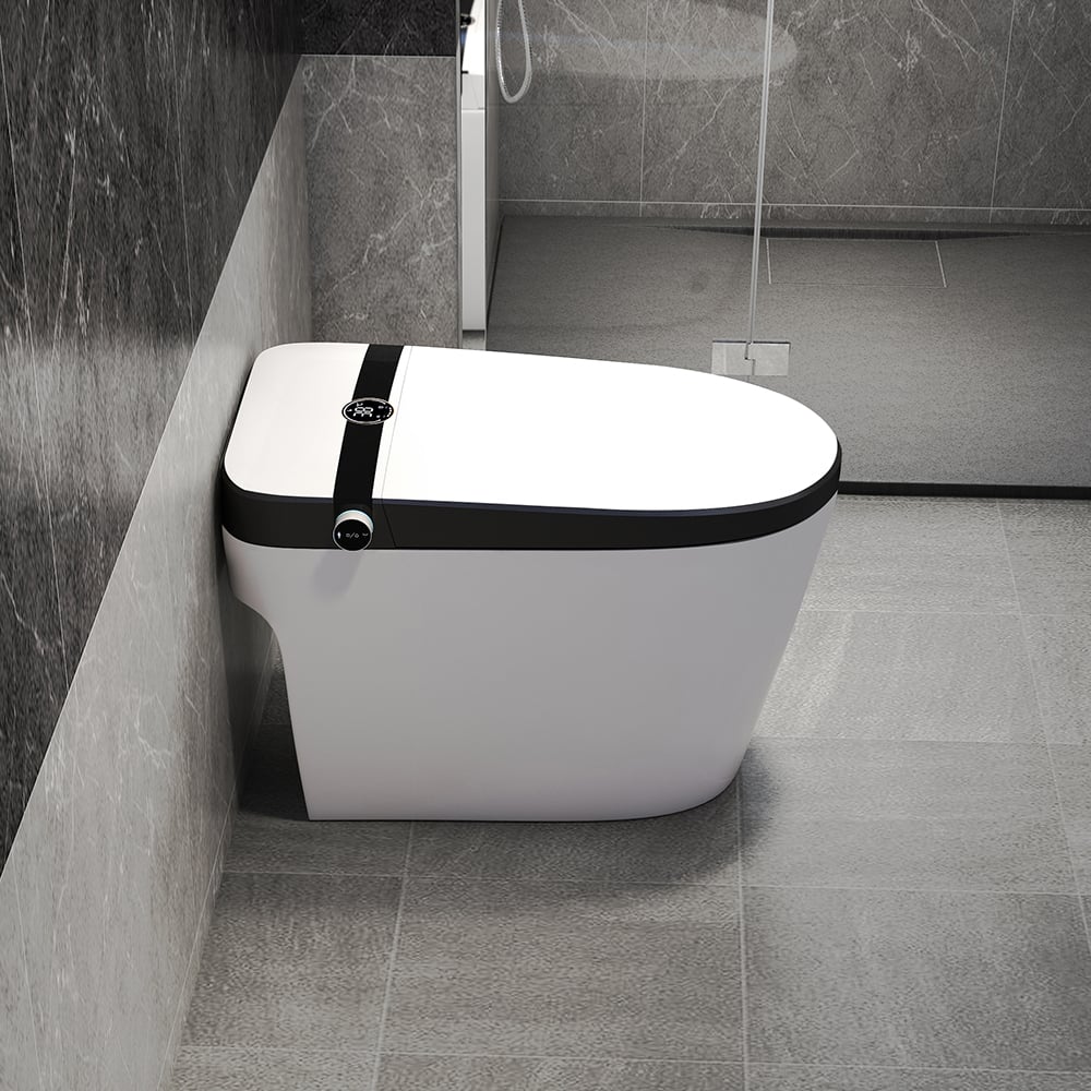 Elongated One-Piece Smart Toilet Floor Mounted Automatic Toilet in Black Rim window image