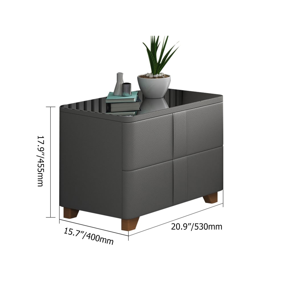 Table de chevet grise avec dessus en verre trempé, tapisserie d'ameublement en cuir PU, 2 tiroirs Poids, dimensions, image