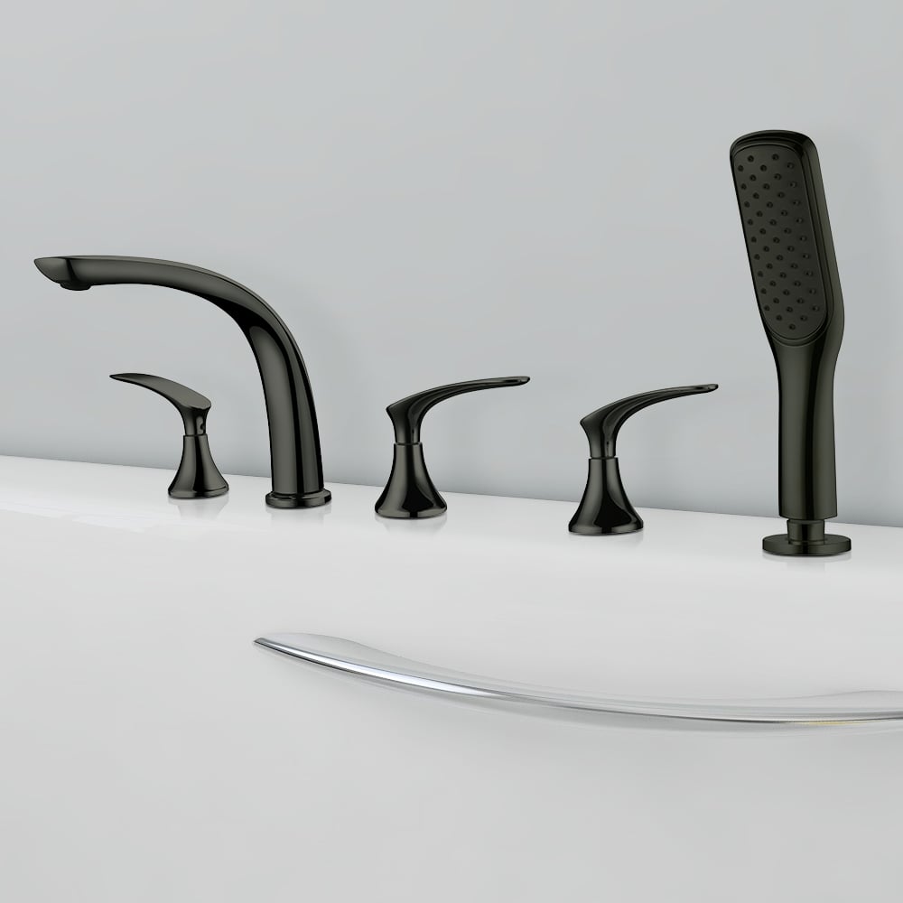 Deck Mounted Roman Bathtub Faucet with Handshower Solid Brass Black window image