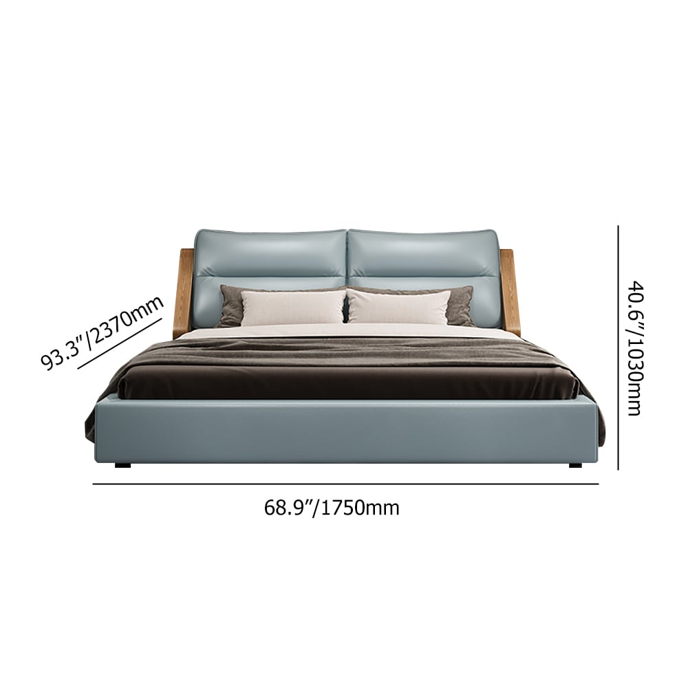 Cama moderna con plataforma tapizada de piel sintética con cabecero acolchado pesos dimensiones imagen