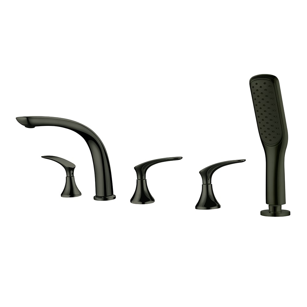 Deck Mounted Roman Bathtub Faucet with Handshower Solid Brass Black window image