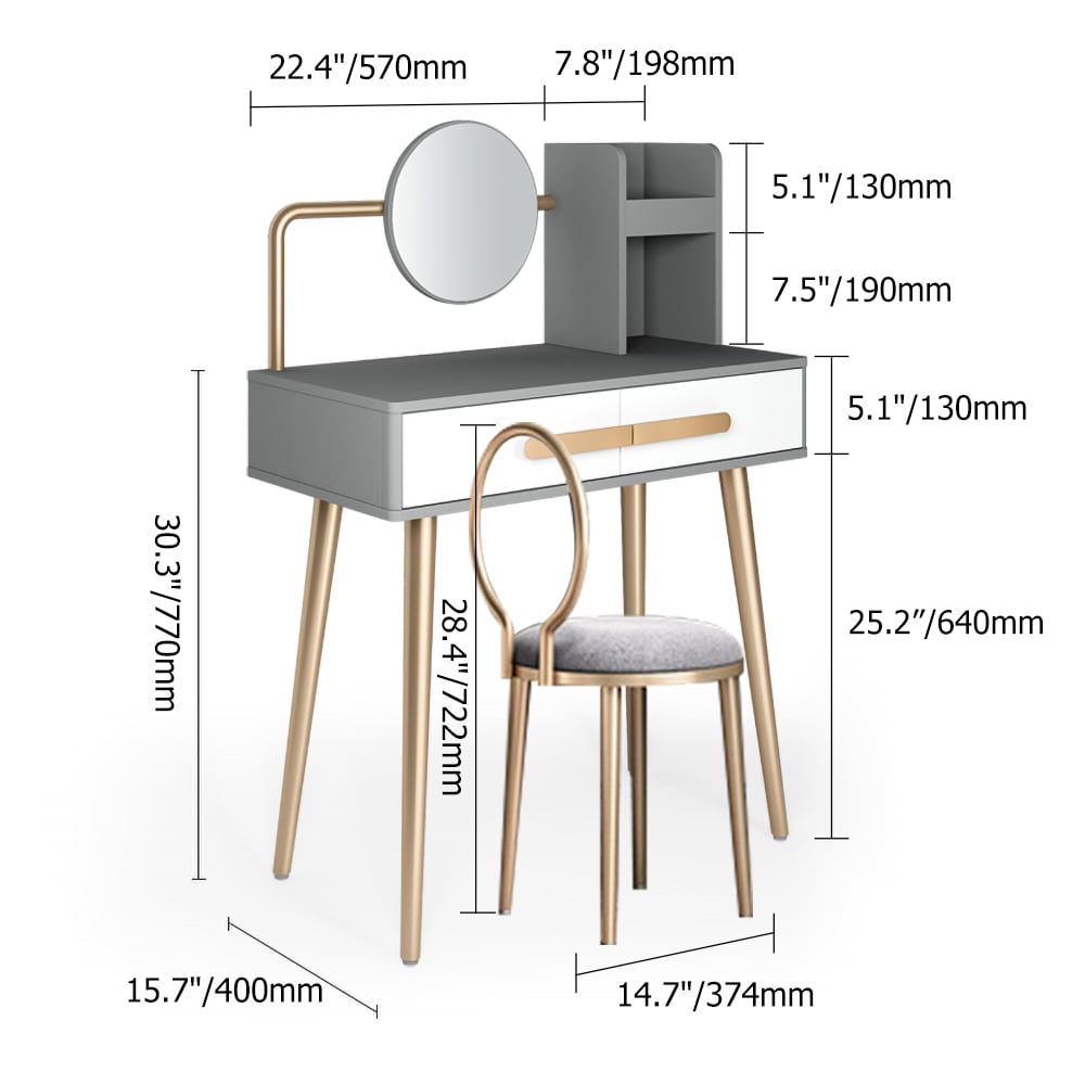 Table de maquillage gris nordique avec miroir à 2 tiroirs et tabouret inclus en or Poids, dimensions, image