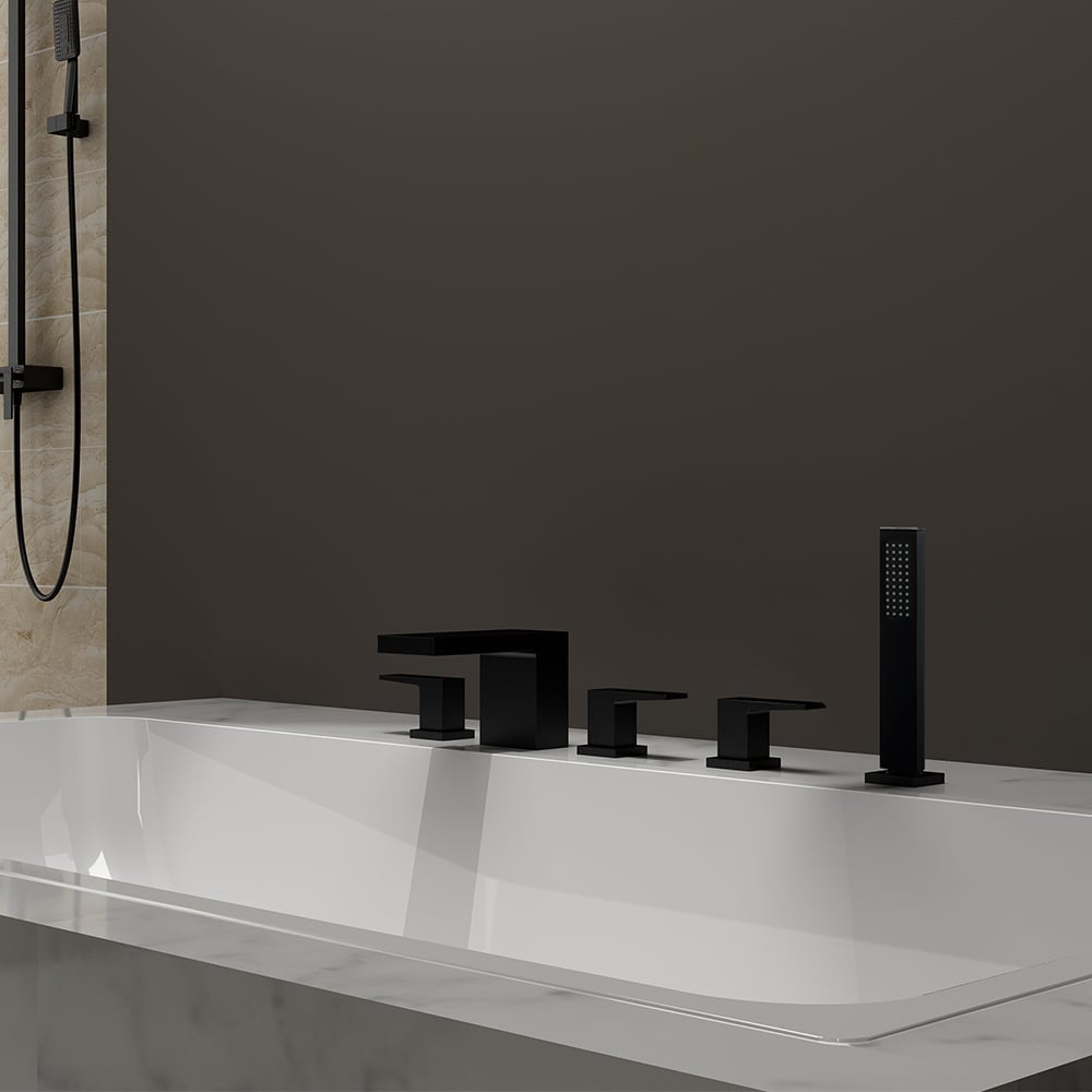 Matte Black Waterfall Deck Mounted Roman Bathtub Faucet with Handshower Solid Brass window image
