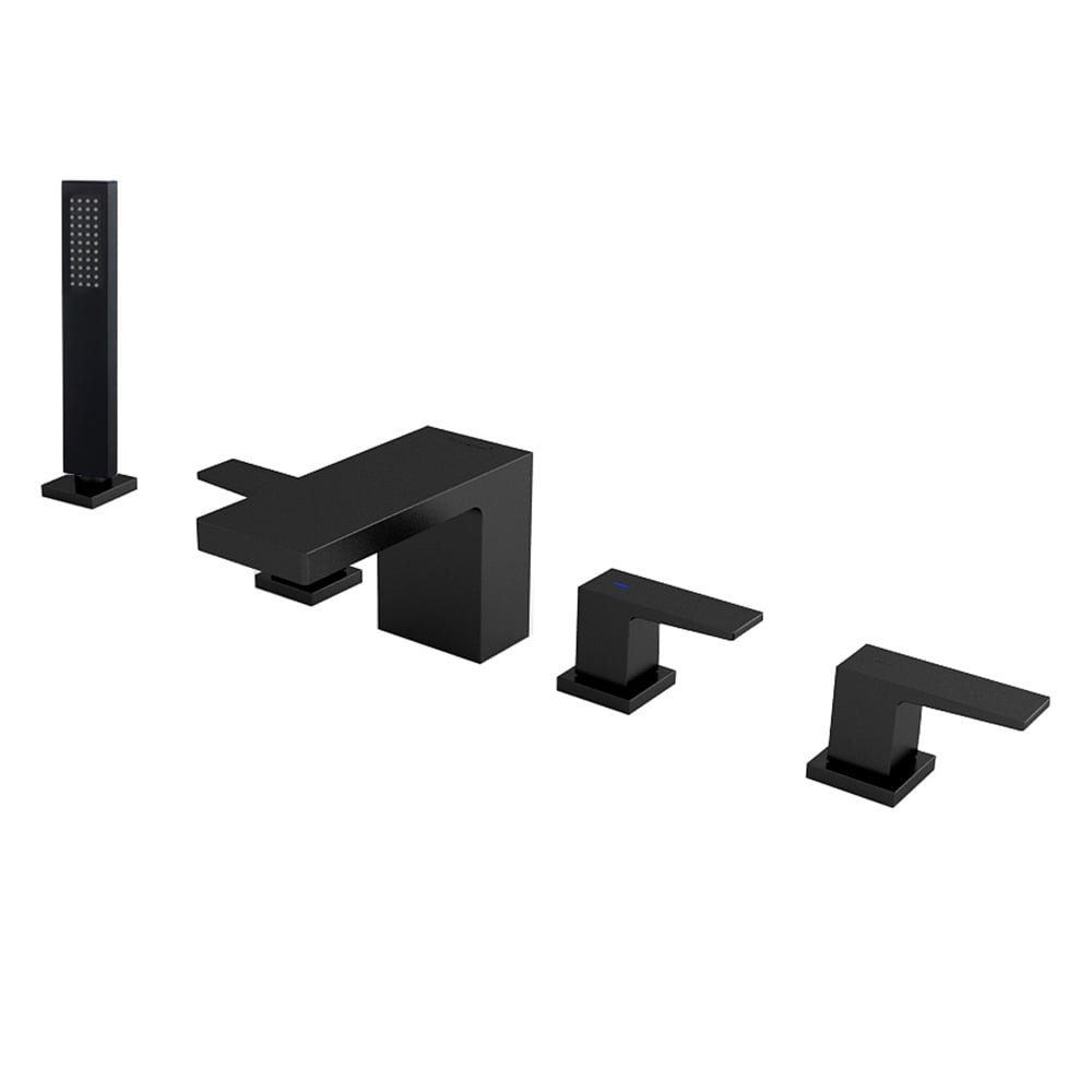 Matte Black Waterfall Deck Mounted Roman Bathtub Faucet with Handshower Solid Brass window image