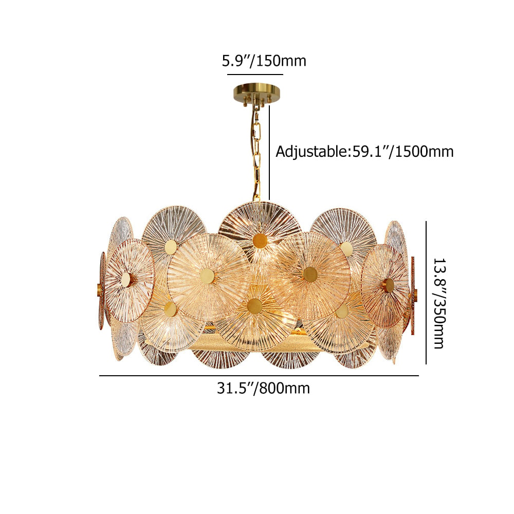 Modern Round Glass Chandelier 8-Light in Antique Brass weights dimensions image