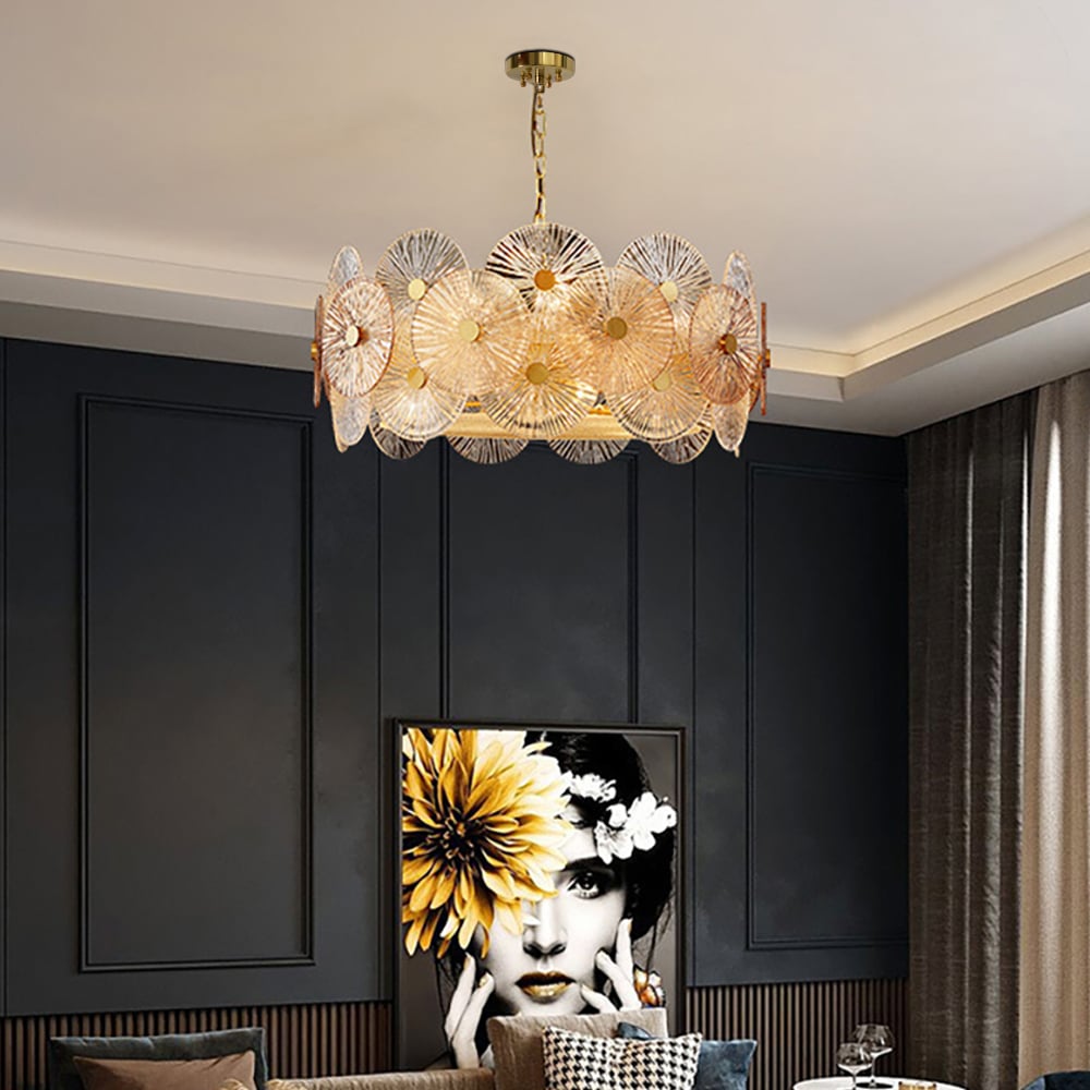 Modern Round Glass Chandelier 8-Light in Antique Brass window image