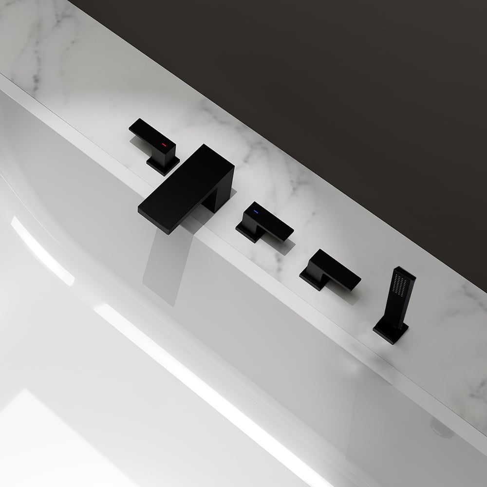 Matte Black Waterfall Deck Mounted Roman Bathtub Faucet with Handshower Solid Brass window image