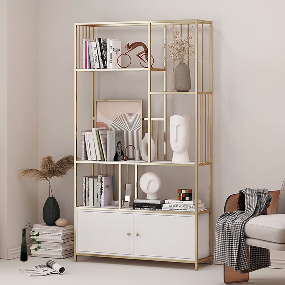 Bibliothèque géométrique moderne à 4 niveaux de 1800 mm avec 2 portes en blanc et or image de fenêtre