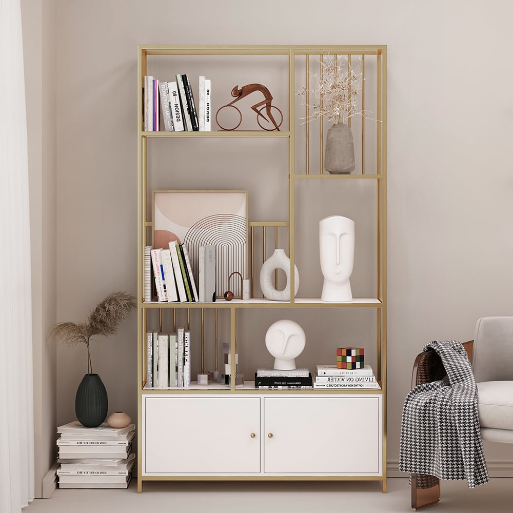 Bibliothèque géométrique moderne à 4 niveaux de 1800 mm avec 2 portes en blanc et or image de fenêtre