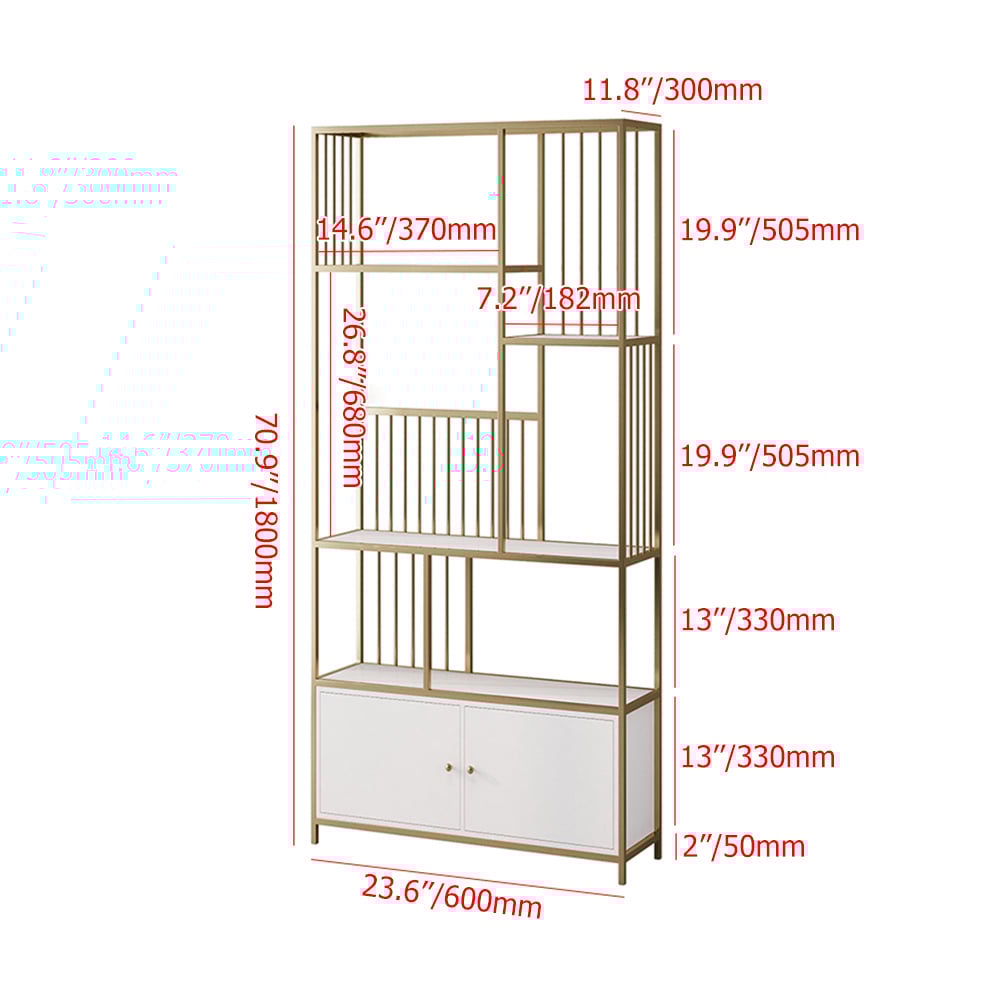 Bibliothèque géométrique moderne à 4 niveaux de 1800 mm avec 2 portes en blanc et or image de fenêtre
