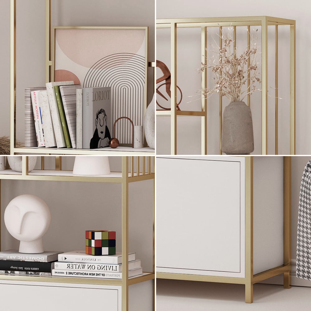 Bibliothèque géométrique moderne à 4 niveaux de 1800 mm avec 2 portes en blanc et or image de fenêtre