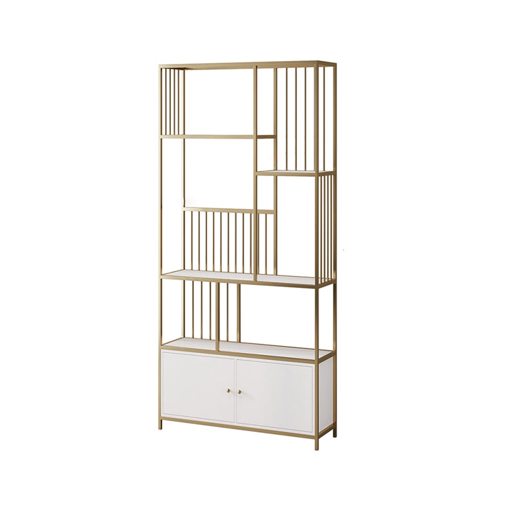 Bibliothèque géométrique moderne à 4 niveaux de 1800 mm avec 2 portes en blanc et or image de fenêtre