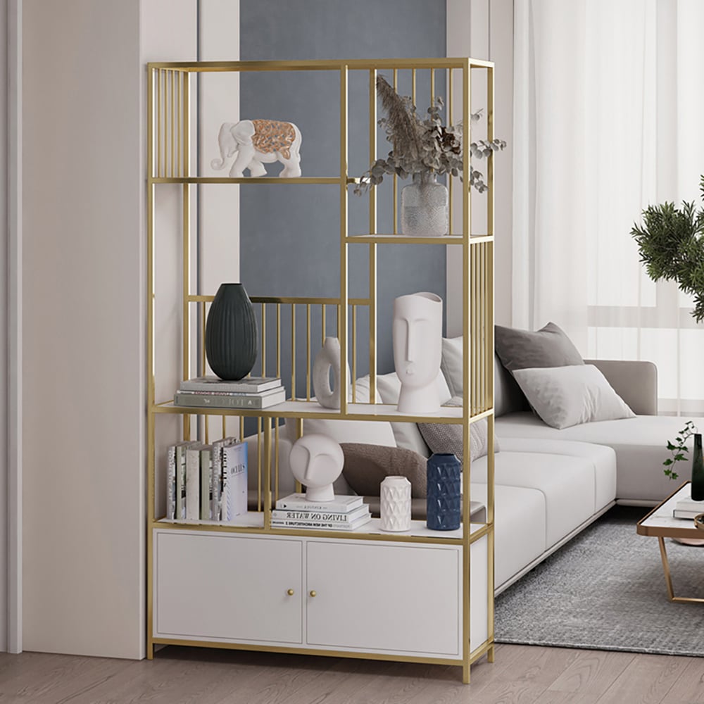 Bibliothèque géométrique moderne à 4 niveaux de 1800 mm avec 2 portes en blanc et or image de fenêtre