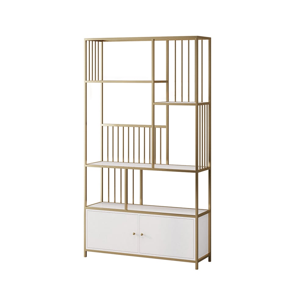 Bibliothèque géométrique moderne à 4 niveaux de 1800 mm avec 2 portes en blanc et or image de fenêtre