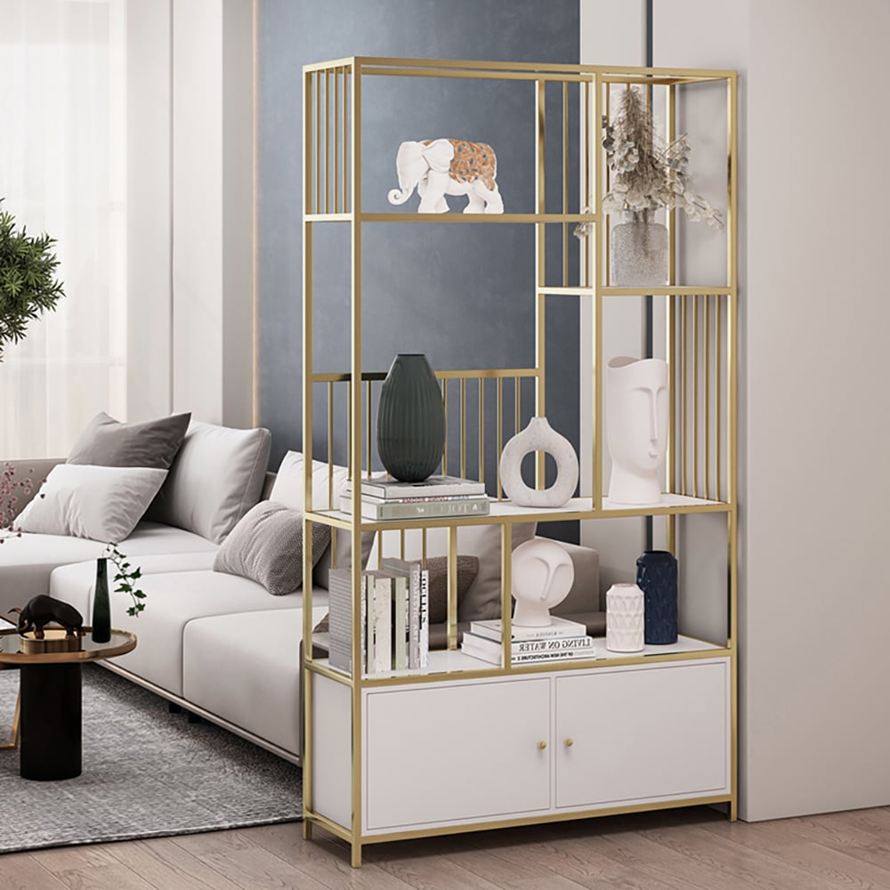 Bibliothèque géométrique moderne à 4 niveaux de 1800 mm avec 2 portes en blanc et or image de fenêtre