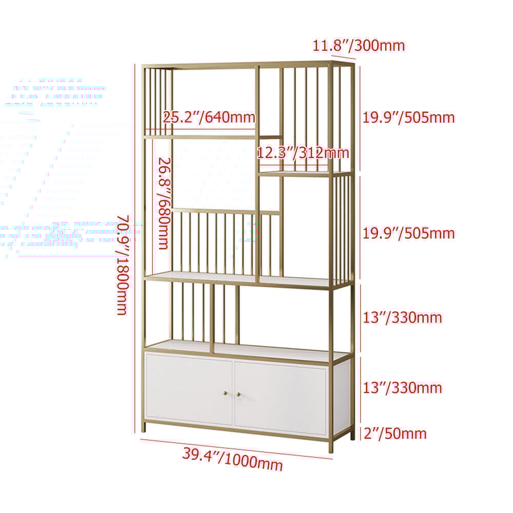 Bibliothèque géométrique moderne à 4 niveaux de 1800 mm avec 2 portes en blanc et or image de fenêtre