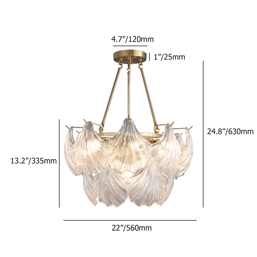 Modern Tiered Shell Glass Chandelier 8-Light with Hanging Rods in Brass weights dimensions image
