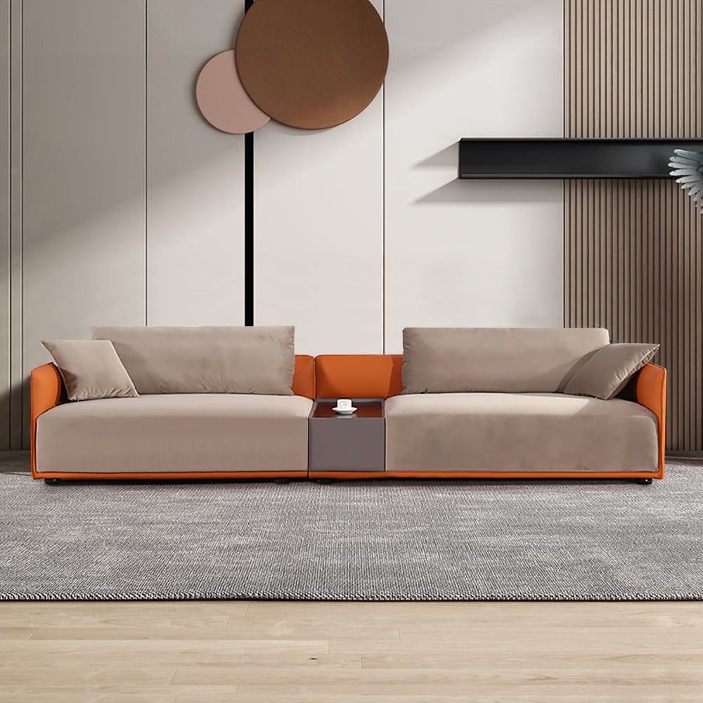 Sofá seccional moderno tapizado de terciopelo en gris y naranja para 4 plazas con mueble imagen de ventana