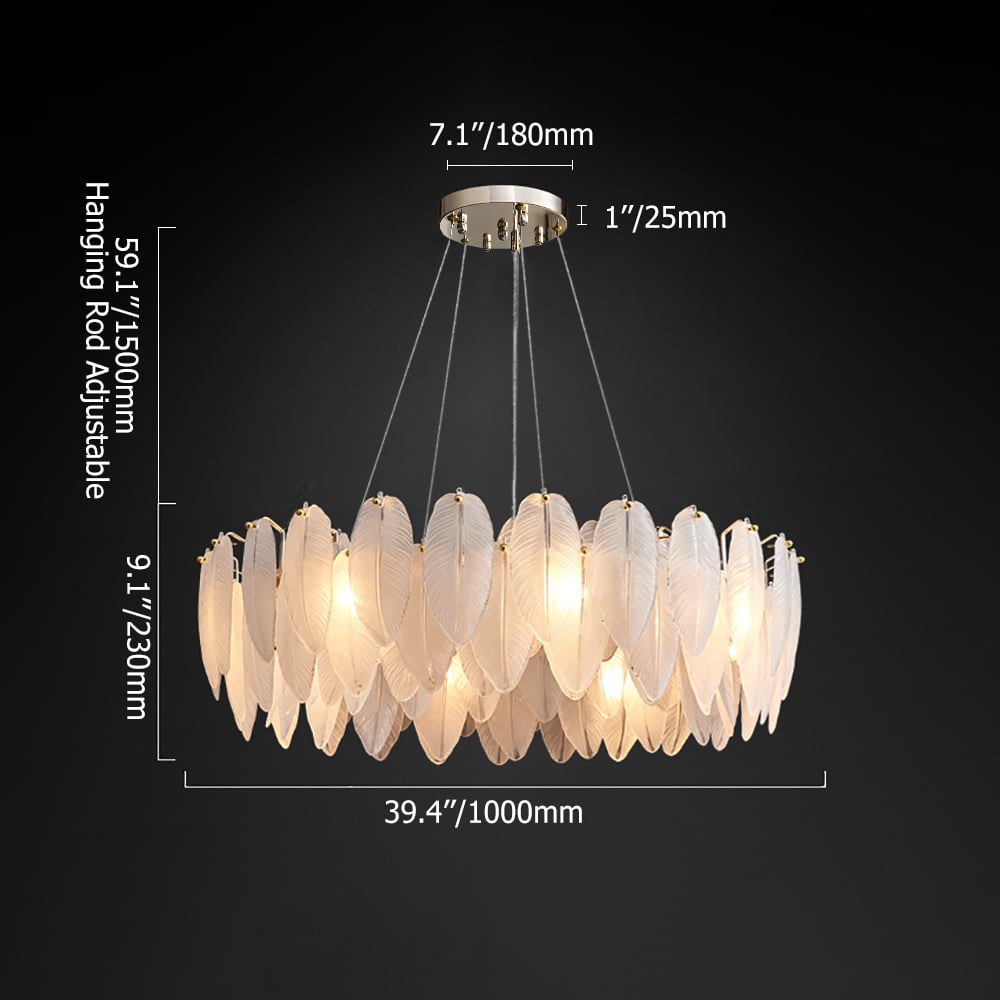 Modern Round 12-Light Tiered Frosted Feathers Glass Chandelier weights dimensions image