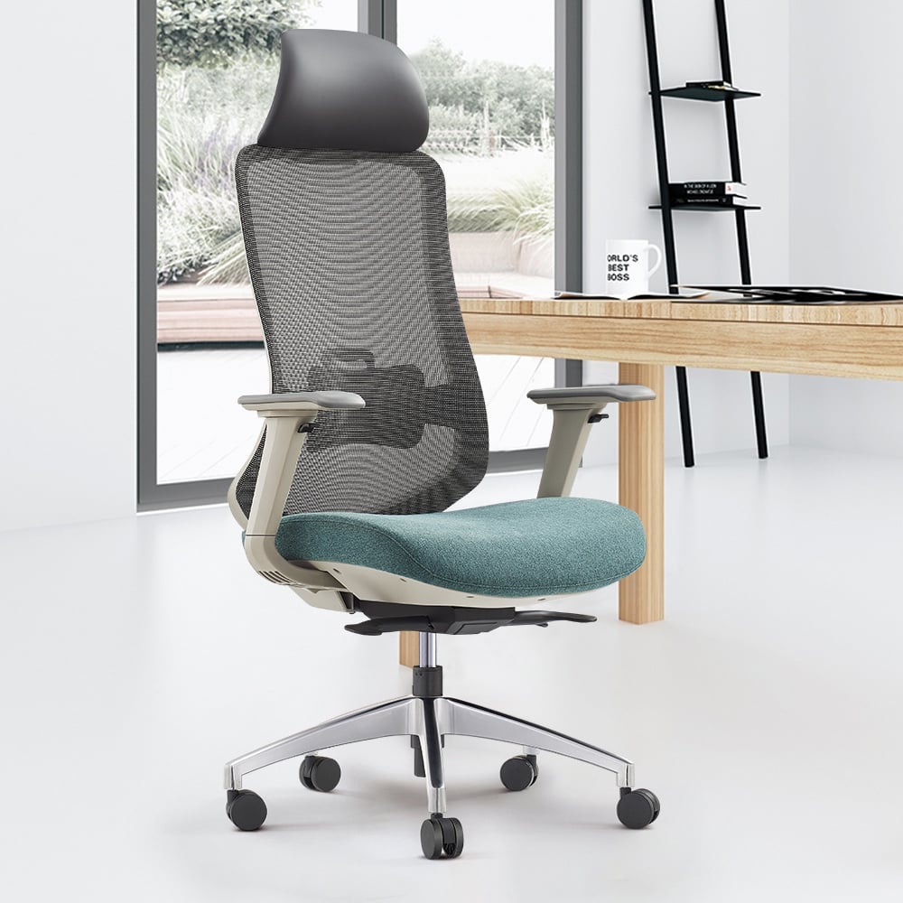 Chaise de bureau pivotante en maille verte contemporaine avec dossier haut et hauteur réglable image de fenêtre