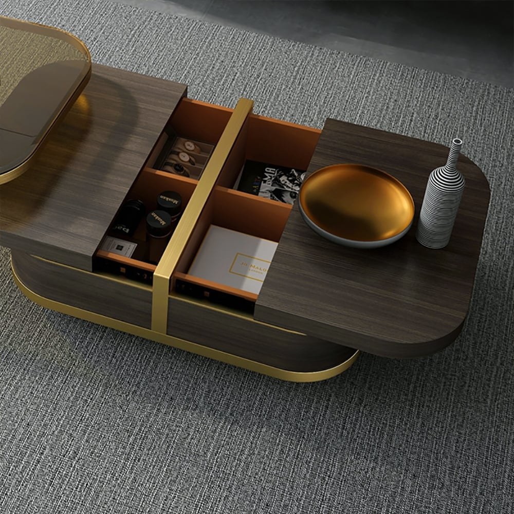 Tavolino da caffè Nesting con ripiano in vetro temperato con ripiano in legno di noce e oro Immagine della finestra