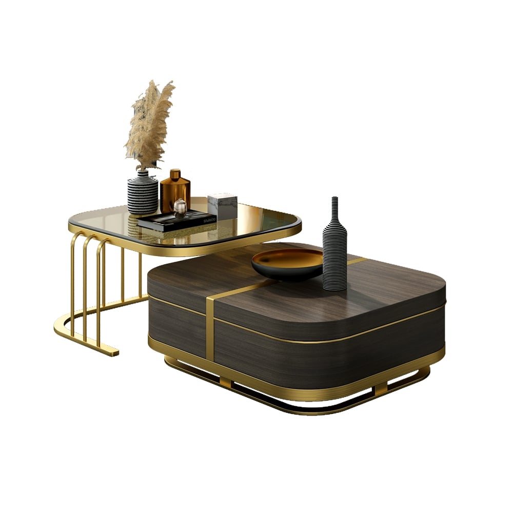 Tavolino da caffè Nesting con ripiano in vetro temperato con ripiano in legno di noce e oro Immagine della finestra