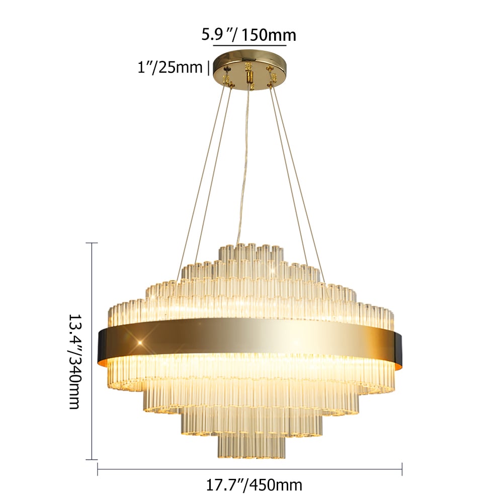 Moderne 9-licht helder glas en roestvrijstalen kroonluchter in goud Afbeelding met gewichten en afmetingen