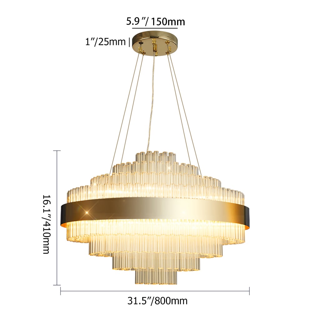 Modern 23-Light Clear Glass & Stainless Steel Chandelier in Gold weights dimensions image