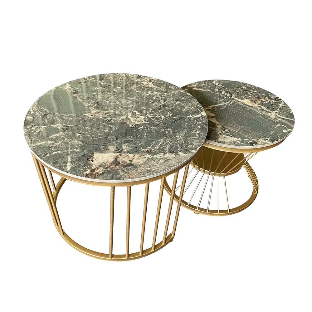 Modern Green Nesting Coffee Table Set with Sintered Stone Top 2-Piece Table Set window image