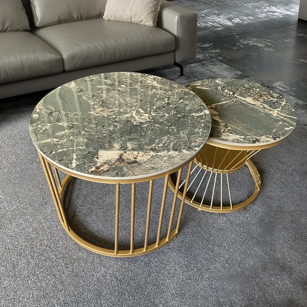 Modern Green Nesting Coffee Table Set with Sintered Stone Top 2-Piece Table Set window image