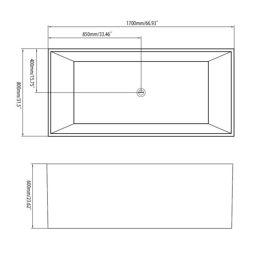 Baignoire autoportante rectangulaire en acrylique blanc 1700 mm avec trop-plein linéaire chromé image de fenêtre