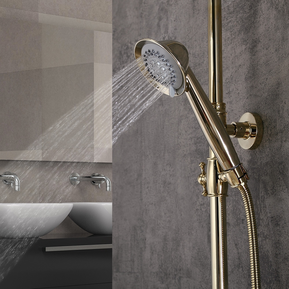 Pommeau de douche à effet pluie et mitigeur de douche à main rond et poignée croisée en laiton massif doré image de fenêtre