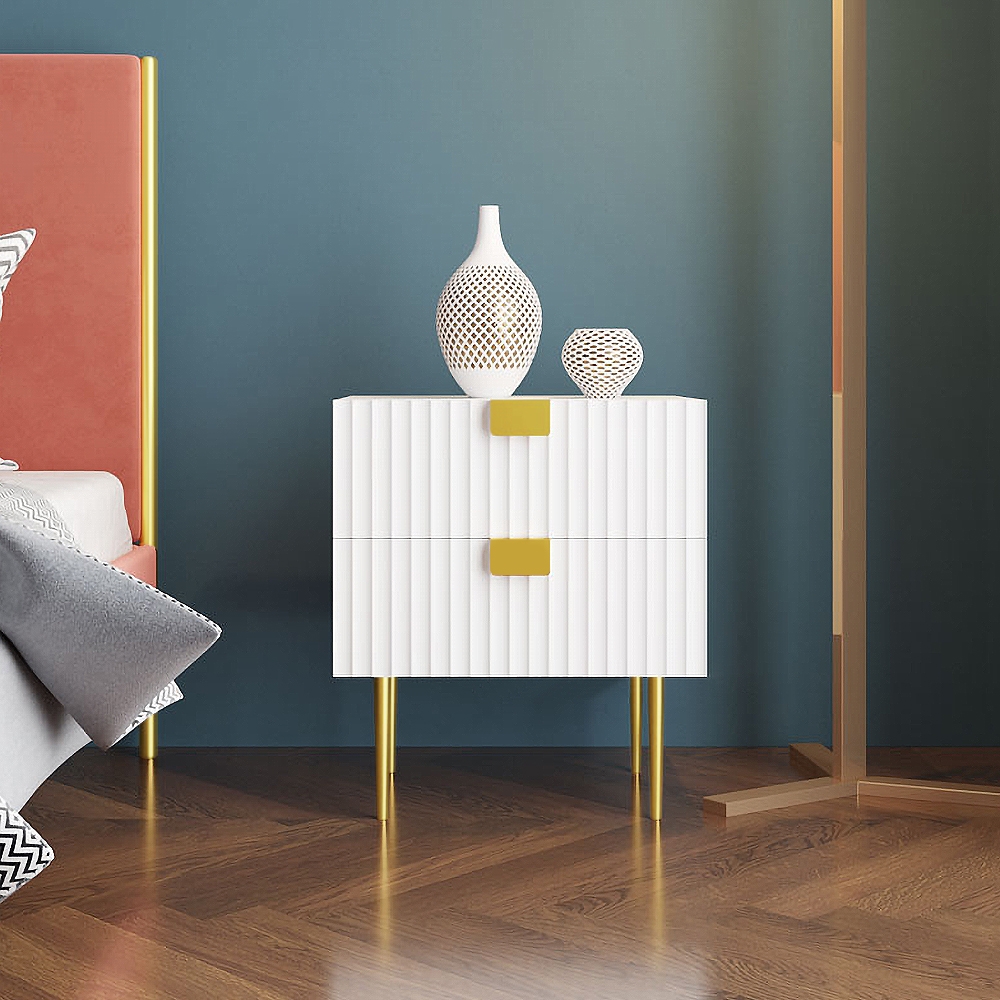 White Modern 2 Drawers Bedroom Nightstand Bedside Table Stainless Steel Base window image