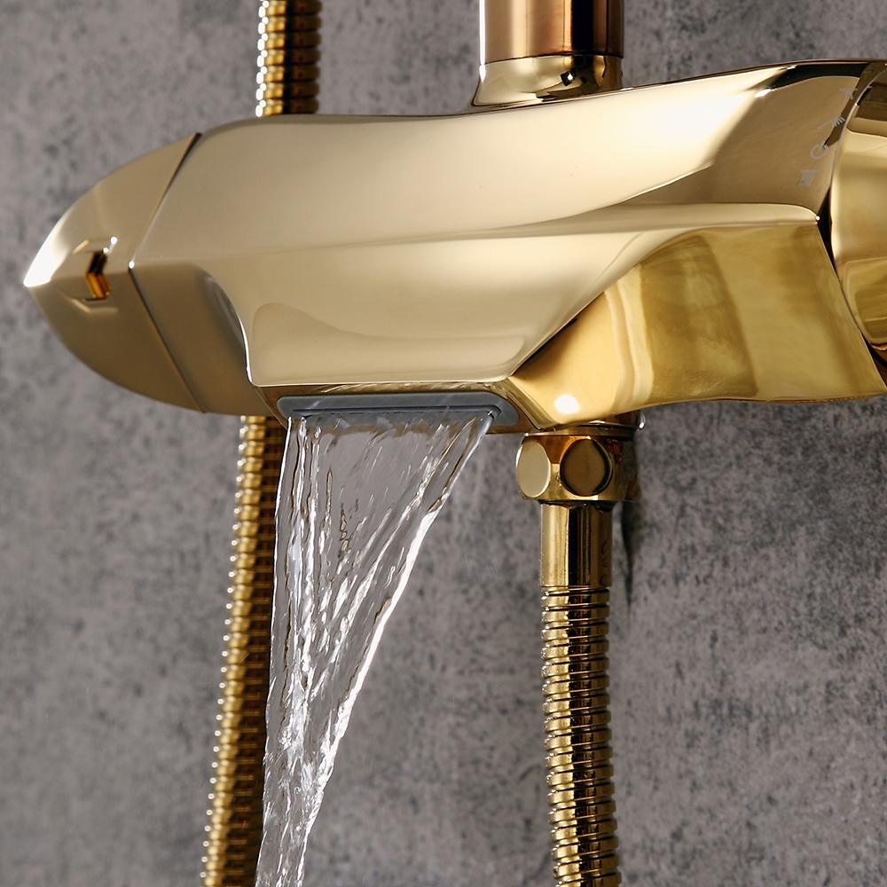 Zime Modern Gold Exposed Adjustable Shower Faucet Thermostatic Valve with 2-Function Hand Shower & Waterfall Tub Spout Shower System Solid Brass window image